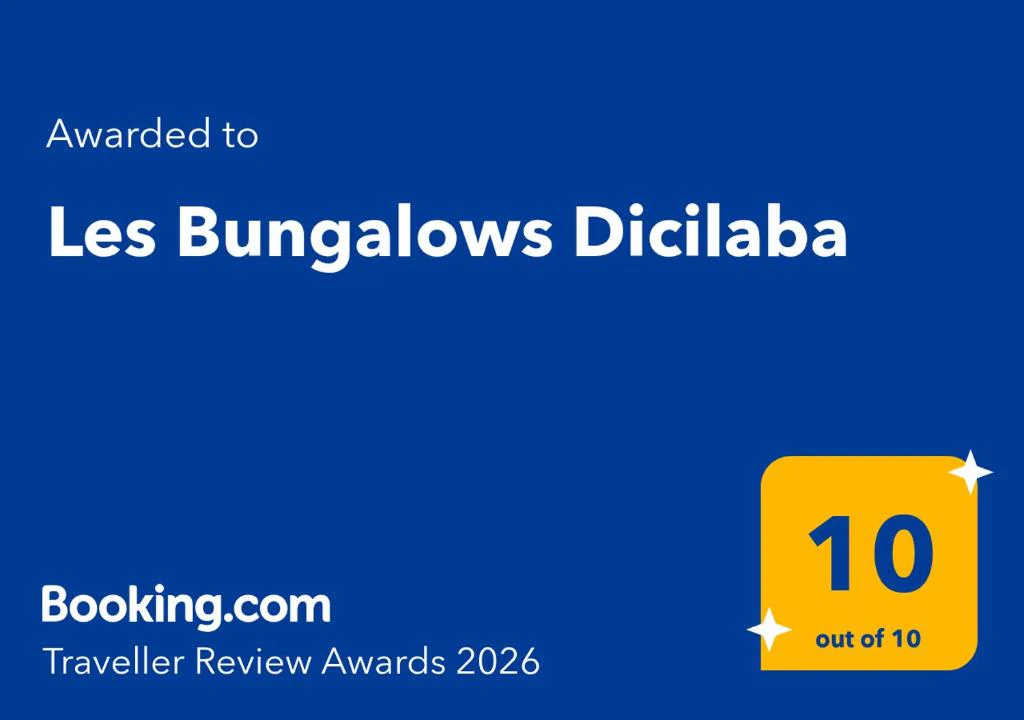 Trophée Booking.com Traveller Review Awards 2026, noté 10 sur 10, décerné à l'établissement sous son nom précédent « Les Bungalows Dicilaba ».