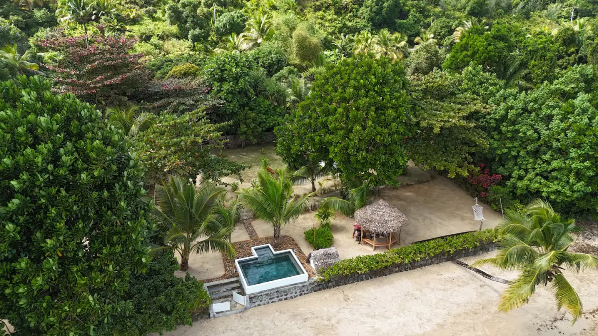 Vue aérienne de la propriété : la piscine blanche, la paillote au toit de palme et le hamac, cernés par la végétation tropicale et bordés par la plage.